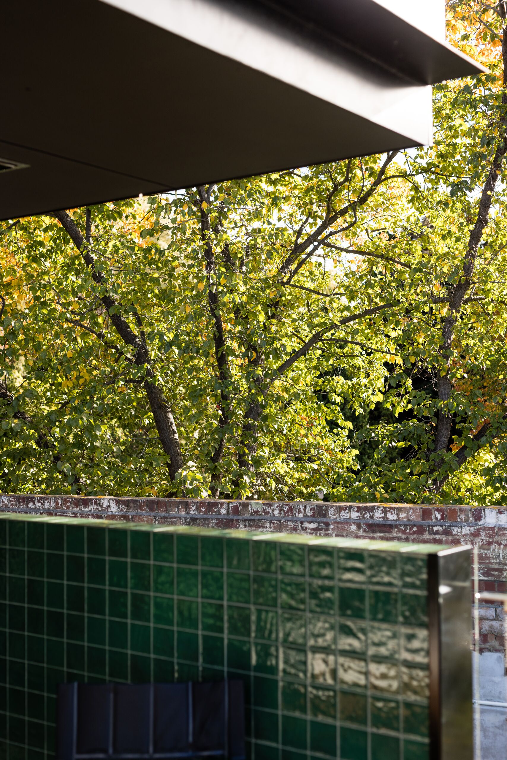 Green glazed tile wall beneath the roof overhang and mature trees